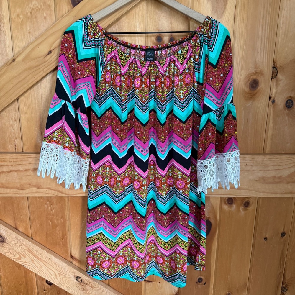 WinWin Tunic Top Pink Turquoise Chevron Lace Trim Half Sleeve Boho Festival L-XL